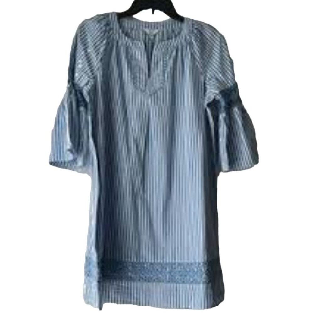 Crown & Ivy Curvy Boho Crochet Blue White Vertical Stripe Tunic Mini Dress 1X